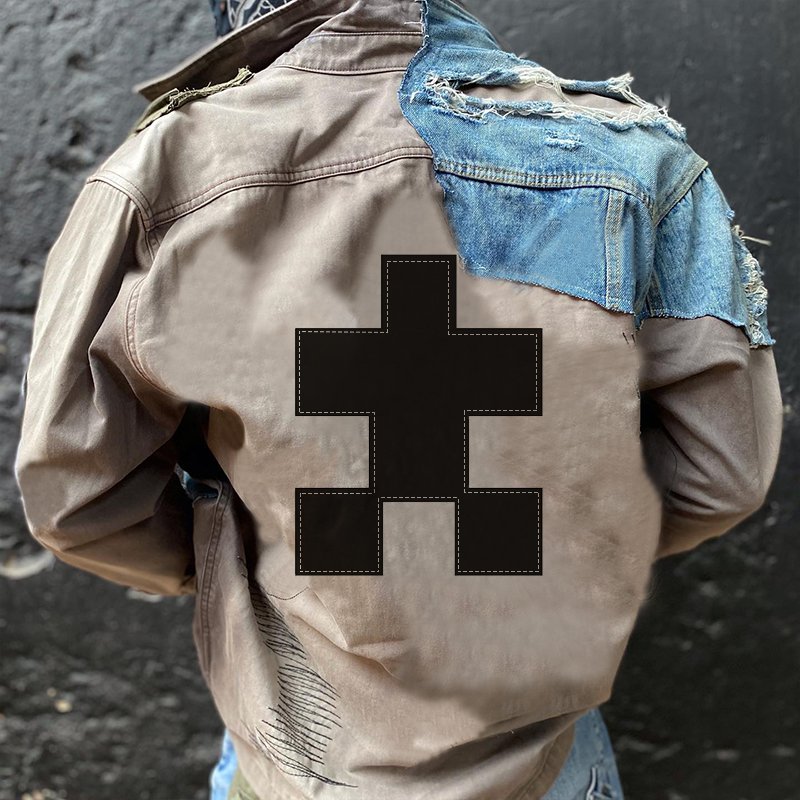 DIZNEW Custom 2024 Men's Jacket Distress Heavy duck Canvas plus size Work Jacket Streetwear patchwork Heavyweight Jacket