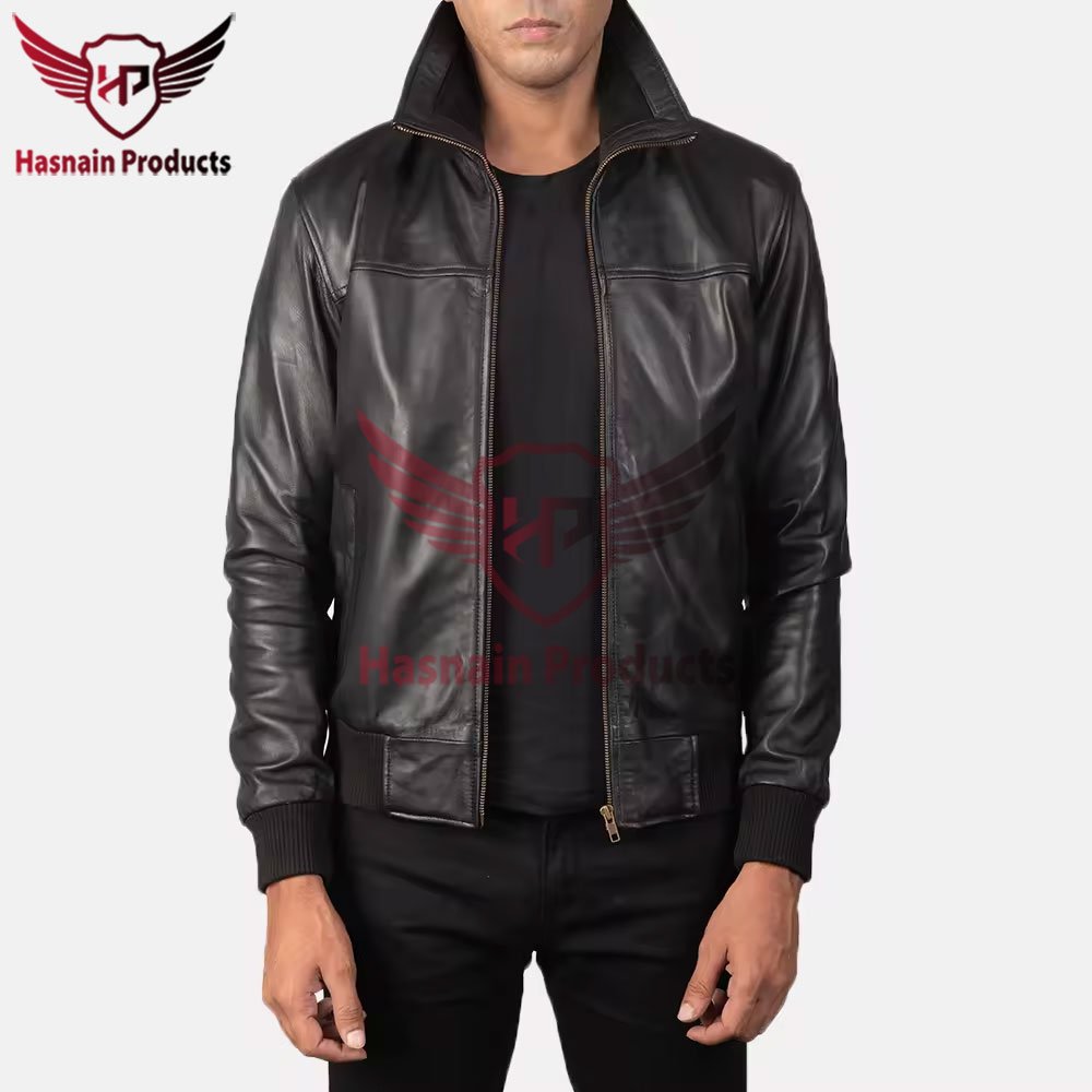 Classic Men's Air Rolf Black Leather Bomber Jacket - Vintage Style with Wool and Leather Sleeves Men's jacket Leather bomber