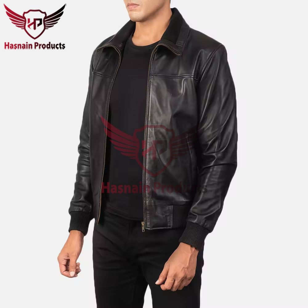 Classic Men's Air Rolf Black Leather Bomber Jacket - Vintage Style with Wool and Leather Sleeves Men's jacket Leather bomber