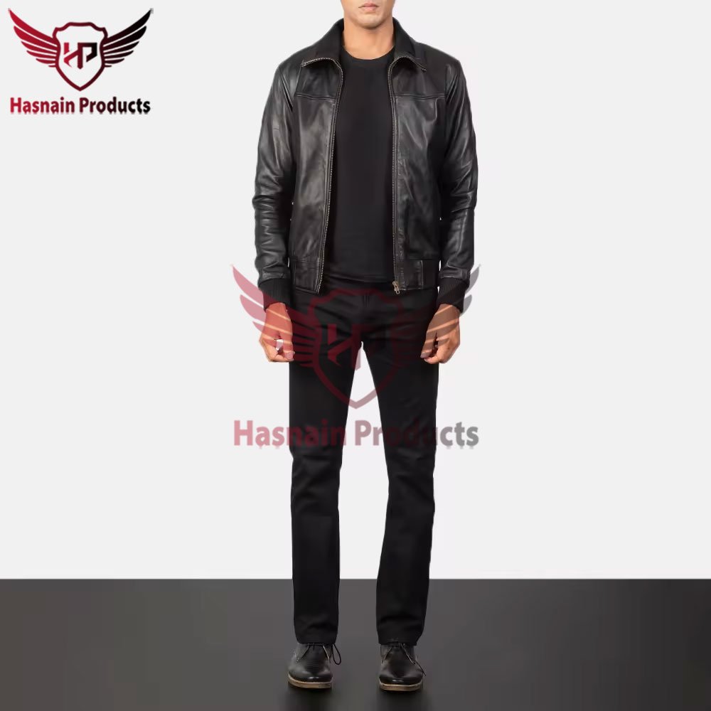 Classic Men's Air Rolf Black Leather Bomber Jacket - Vintage Style with Wool and Leather Sleeves Men's jacket Leather bomber