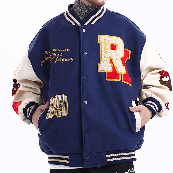 OEM custom men's clothing leather thick baseball jackets black PU sleeves fashion varsity jacket