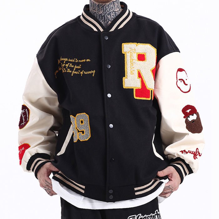 OEM custom men's clothing leather thick baseball jackets black PU sleeves fashion varsity jacket