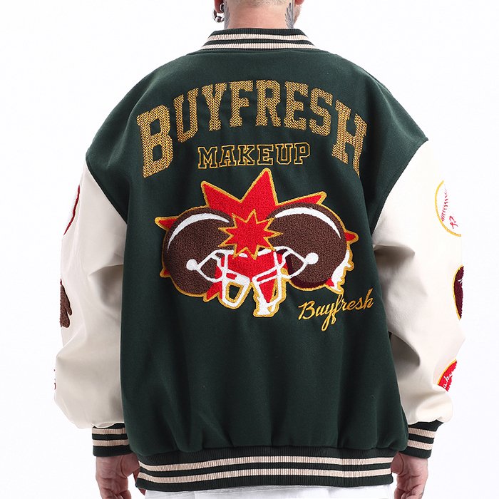 OEM custom men's clothing leather thick baseball jackets black PU sleeves fashion varsity jacket