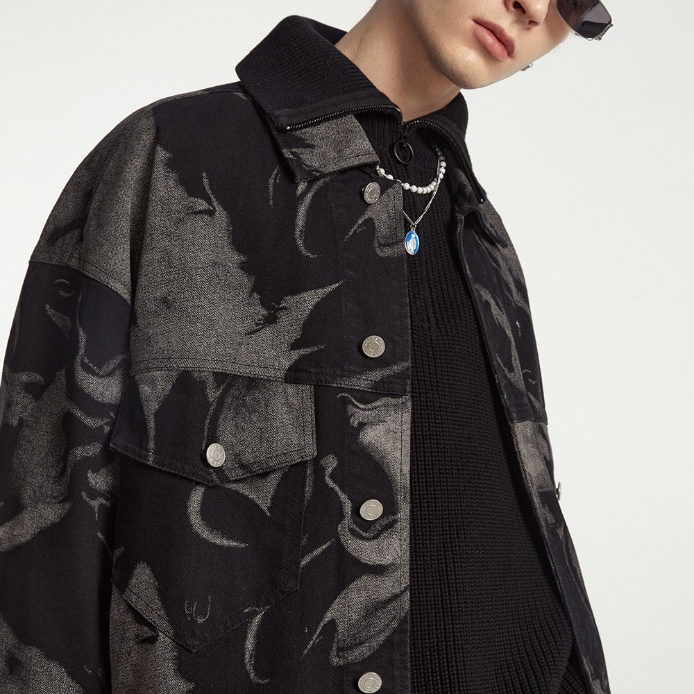 Fashionable Casual Denim Jacket Autumn Statement Full Printing Jacket Simple New Blend Men's Jacket