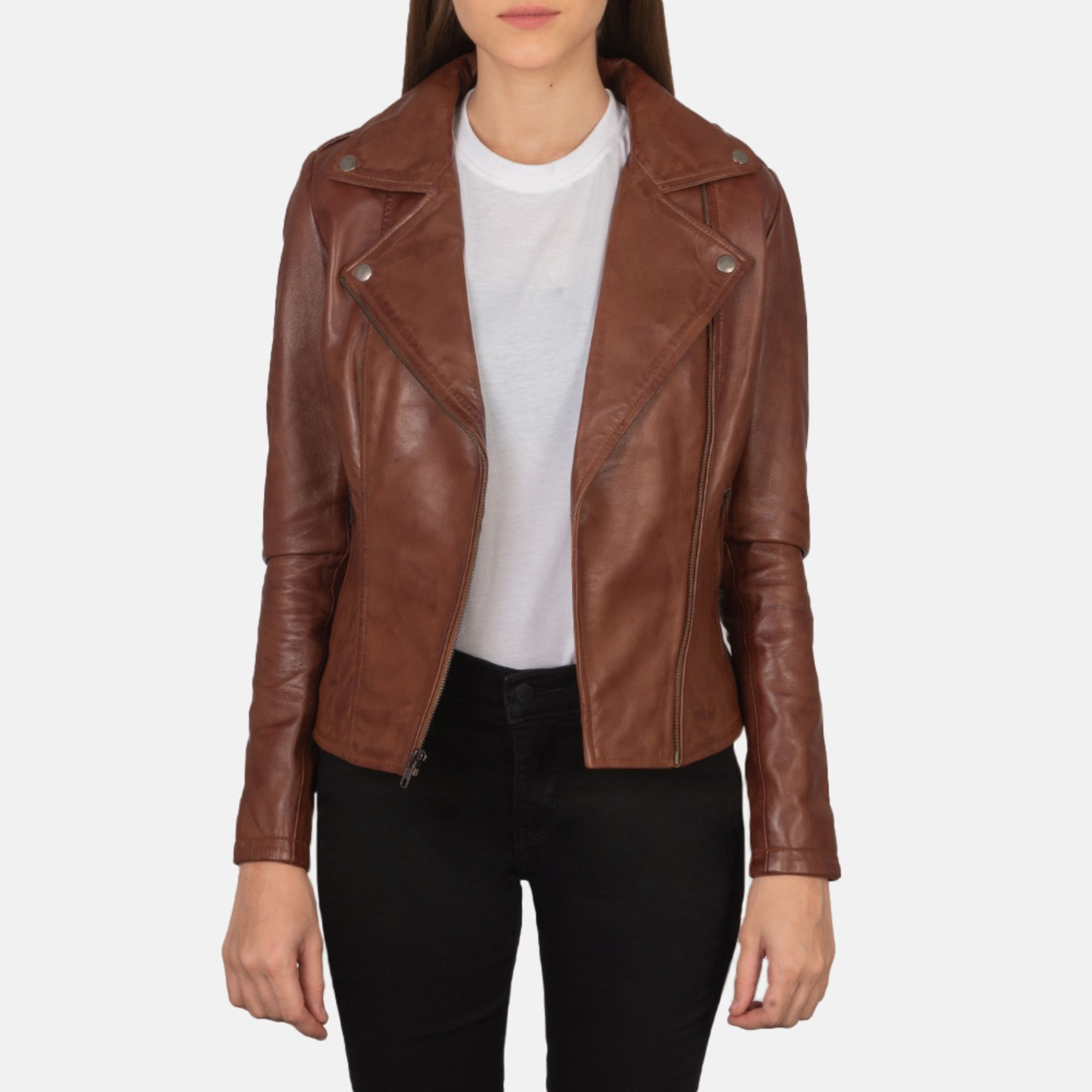 Real Leather Sheepskin Aniline Zipper Flashback Brown Women Biker Jacket with Quilted Vicose Lining and Inside Outside Pockets