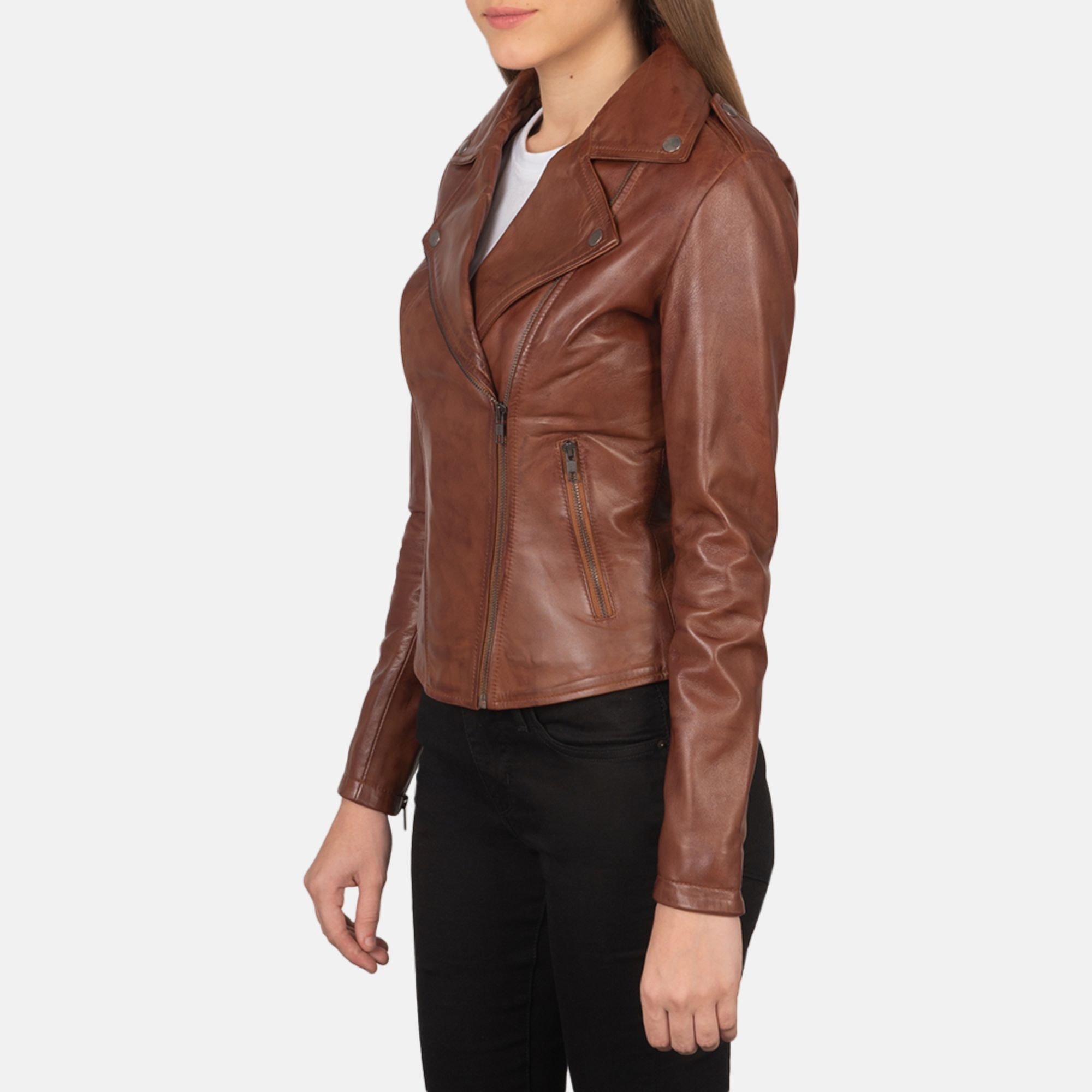 Real Leather Sheepskin Aniline Zipper Flashback Brown Women Biker Jacket with Quilted Vicose Lining and Inside Outside Pockets
