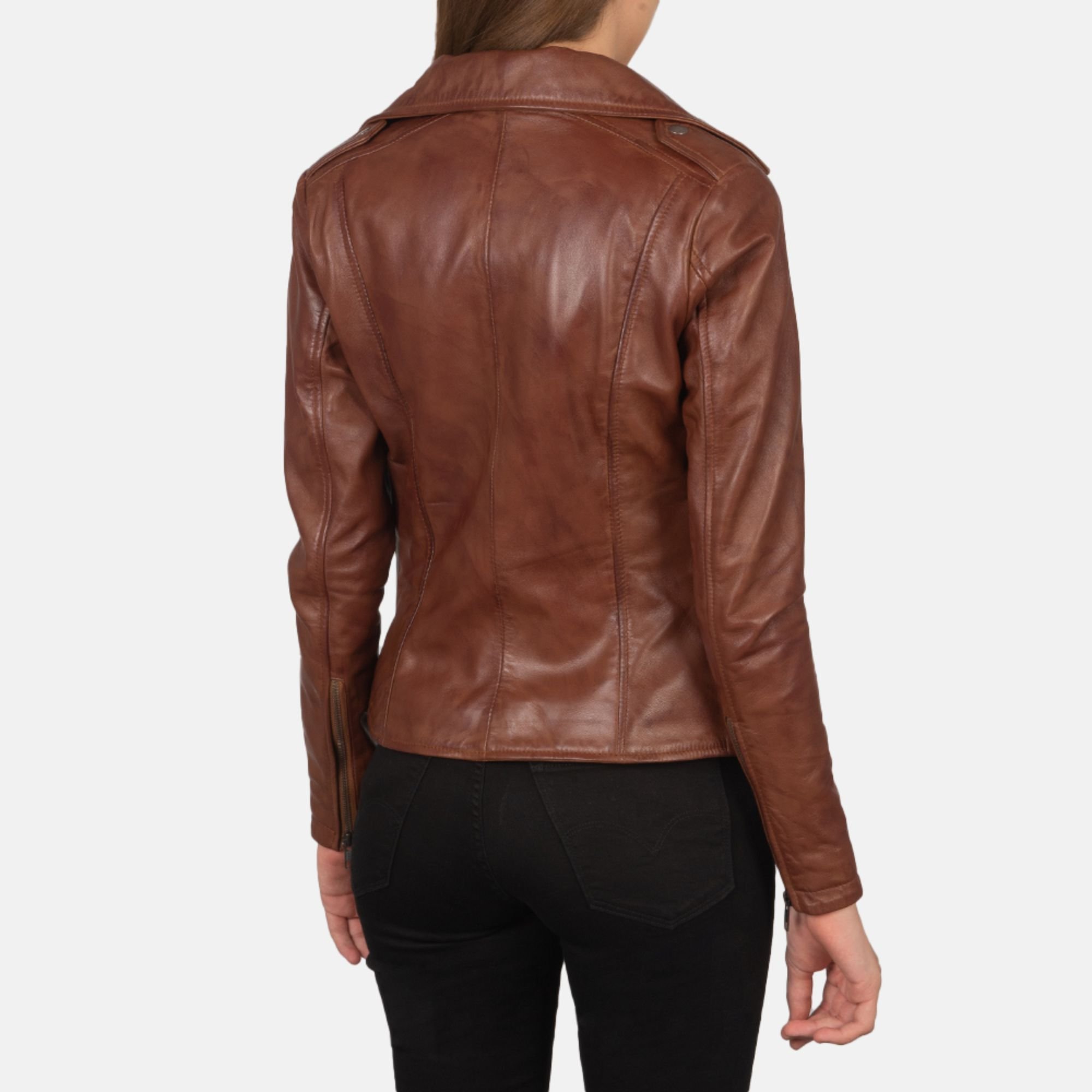 Real Leather Sheepskin Aniline Zipper Flashback Brown Women Biker Jacket with Quilted Vicose Lining and Inside Outside Pockets