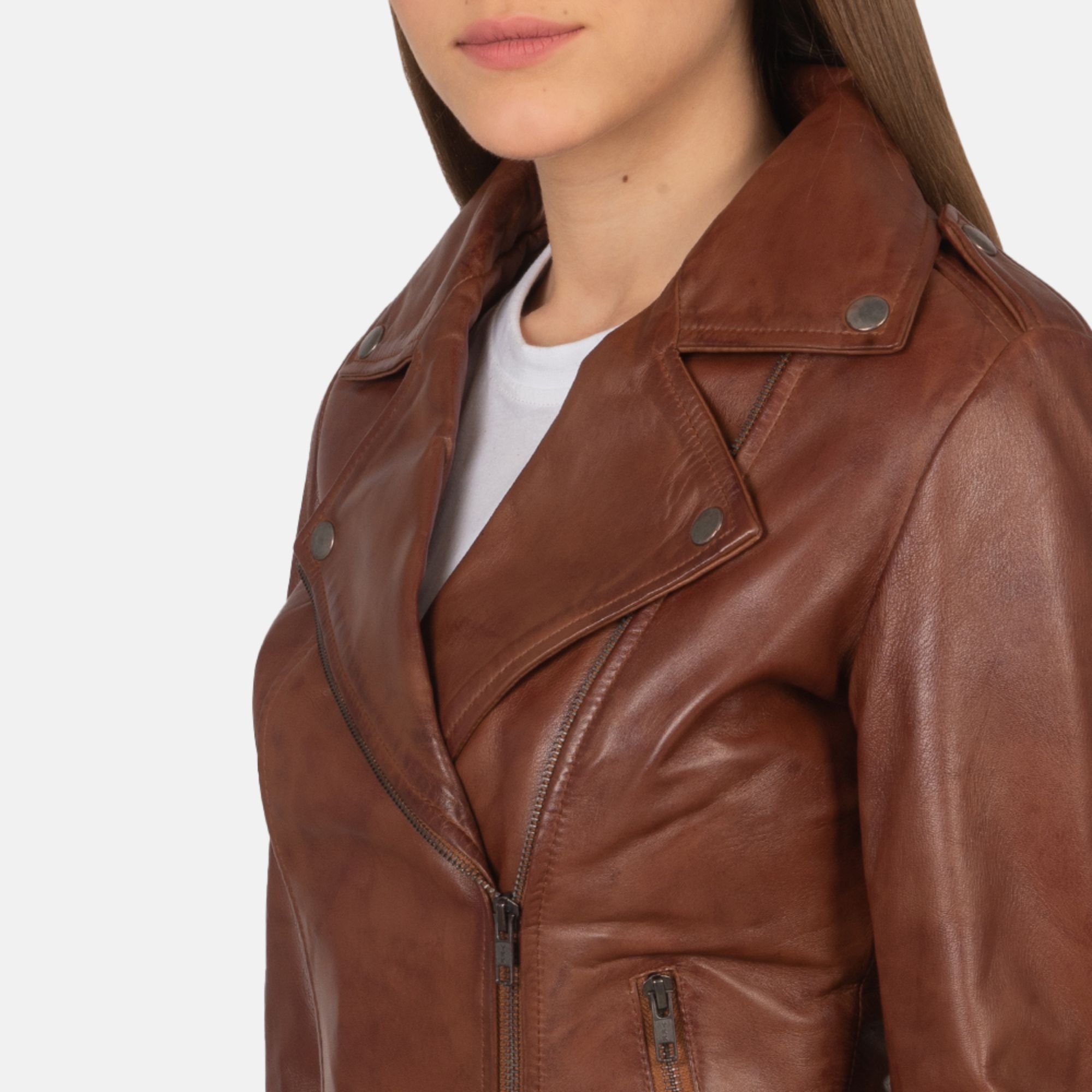 Real Leather Sheepskin Aniline Zipper Flashback Brown Women Biker Jacket with Quilted Vicose Lining and Inside Outside Pockets