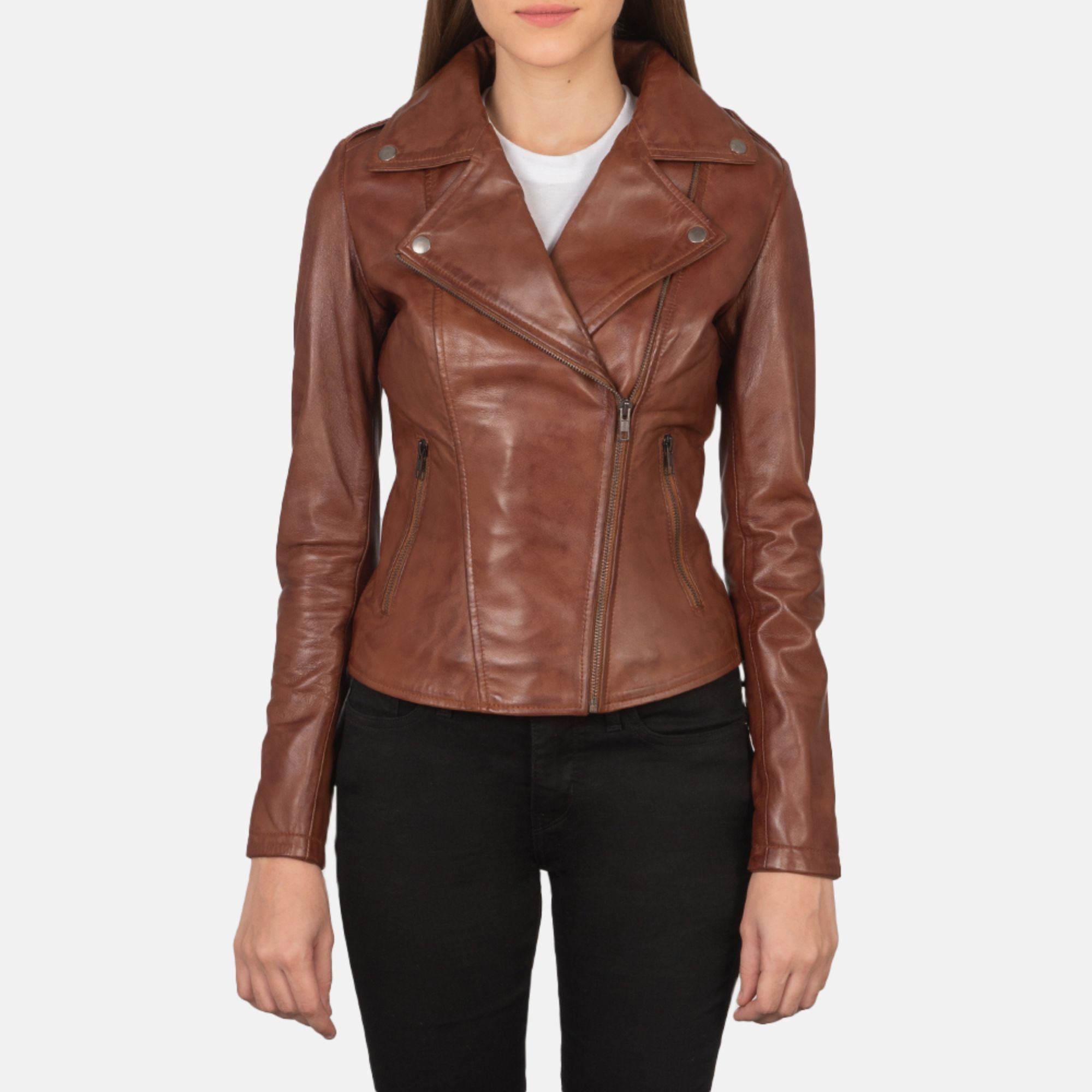 Real Leather Sheepskin Aniline Zipper Flashback Brown Women Biker Jacket with Quilted Vicose Lining and Inside Outside Pockets