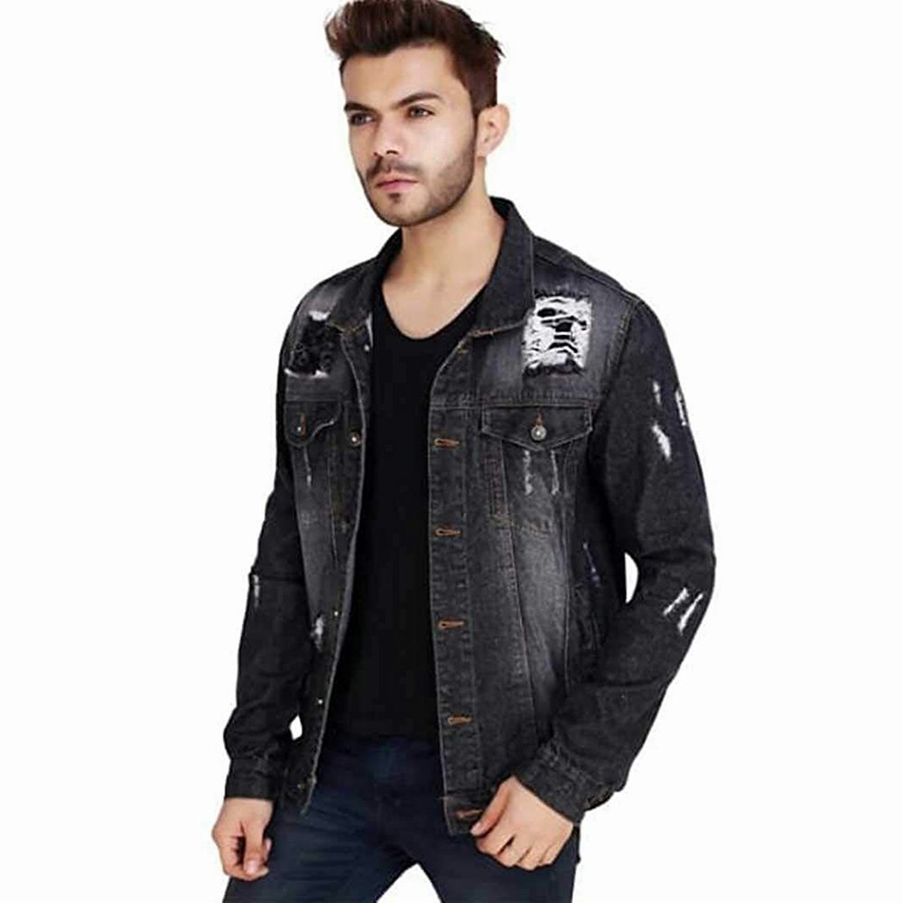 New Arrival Gents Black Denim Jackets Regular Fit Wholesale Fancy Jeans Jackets With Custom Logo And Design