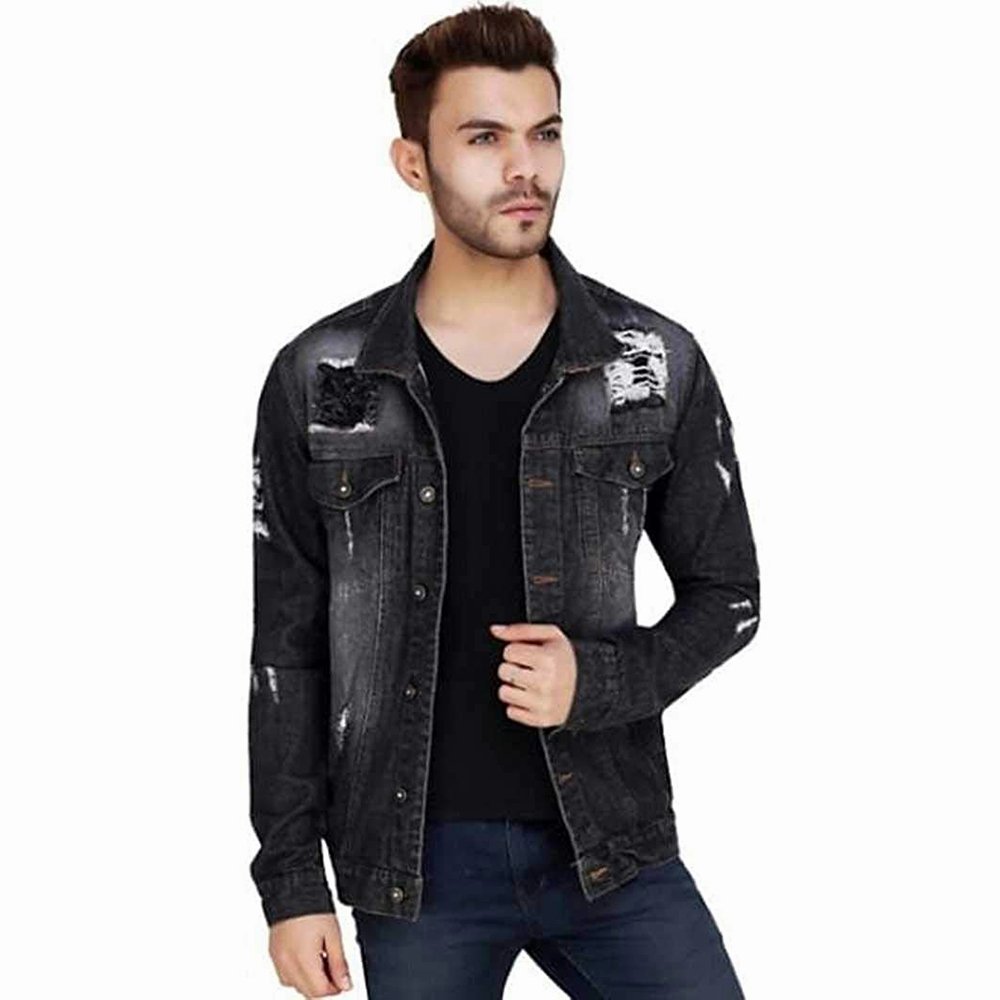 New Arrival Gents Black Denim Jackets Regular Fit Wholesale Fancy Jeans Jackets With Custom Logo And Design