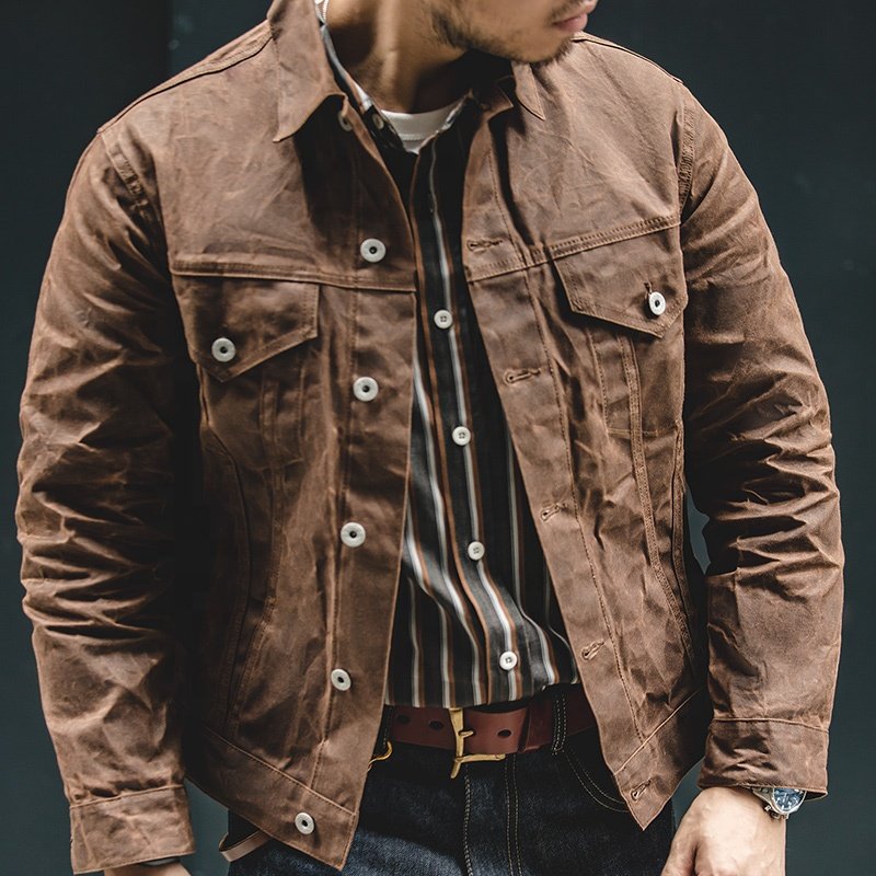 Maden Amekaji Retro Jacket For Men Oil Waxed Canvas Cotton Clothing Khaki Light Casual Safari Men's Jackets Labels Customizable
