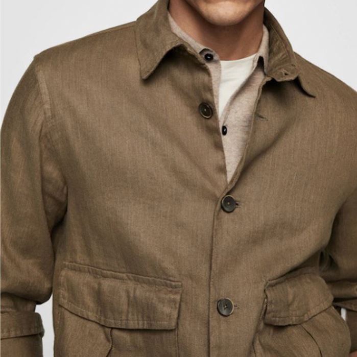 Custom Logo Design Linen Blend Classic Collar Jacket Long Sleeve With Buttoned Cuffs Pockets Men's Jackets