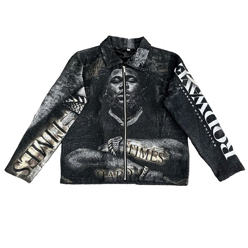 High Quality Custom Thick Jacquard Tapestry Jacket for Men Streetwear Design Hip Hop Zipper Autumn Men's Clothing OEM Service