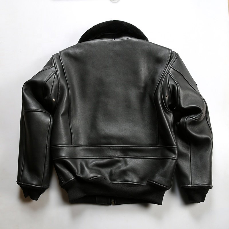 OEM Custom Embroidery Aviator Euro Plus Size Lambskin Fur Shearling Vintage Clothings Men's Black Genuine Leather Bomber Jacket