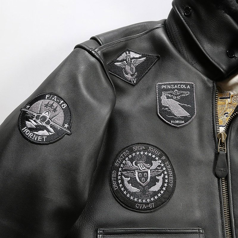 OEM Custom Embroidery Aviator Euro Plus Size Lambskin Fur Shearling Vintage Clothings Men's Black Genuine Leather Bomber Jacket