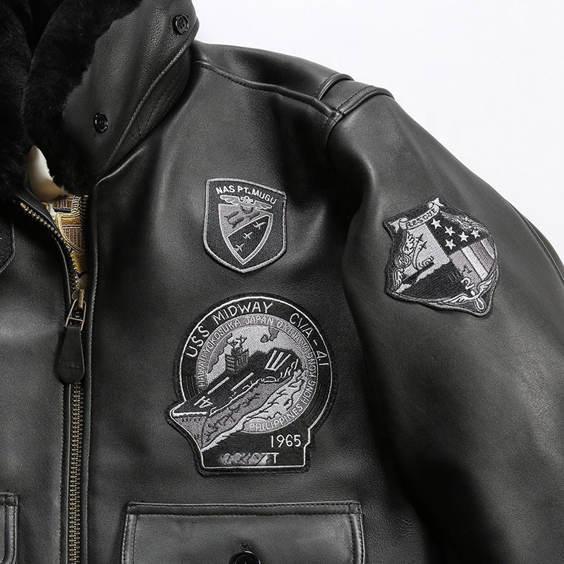 OEM Custom Embroidery Aviator Euro Plus Size Lambskin Fur Shearling Vintage Clothings Men's Black Genuine Leather Bomber Jacket