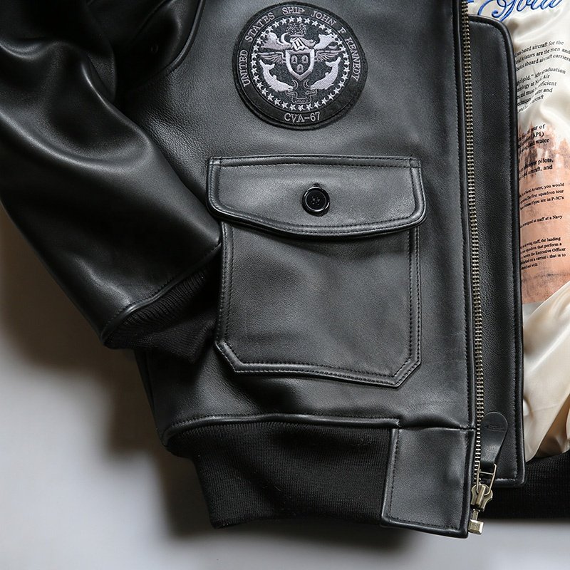 OEM Custom Embroidery Aviator Euro Plus Size Lambskin Fur Shearling Vintage Clothings Men's Black Genuine Leather Bomber Jacket