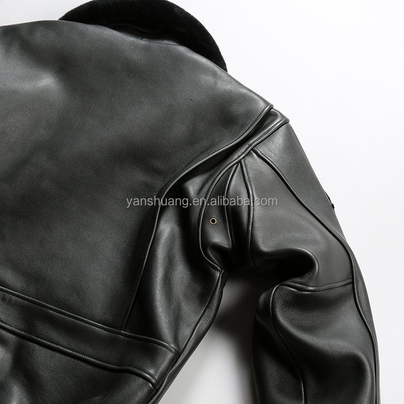 OEM Custom Embroidery Aviator Euro Plus Size Lambskin Fur Shearling Vintage Clothings Men's Black Genuine Leather Bomber Jacket