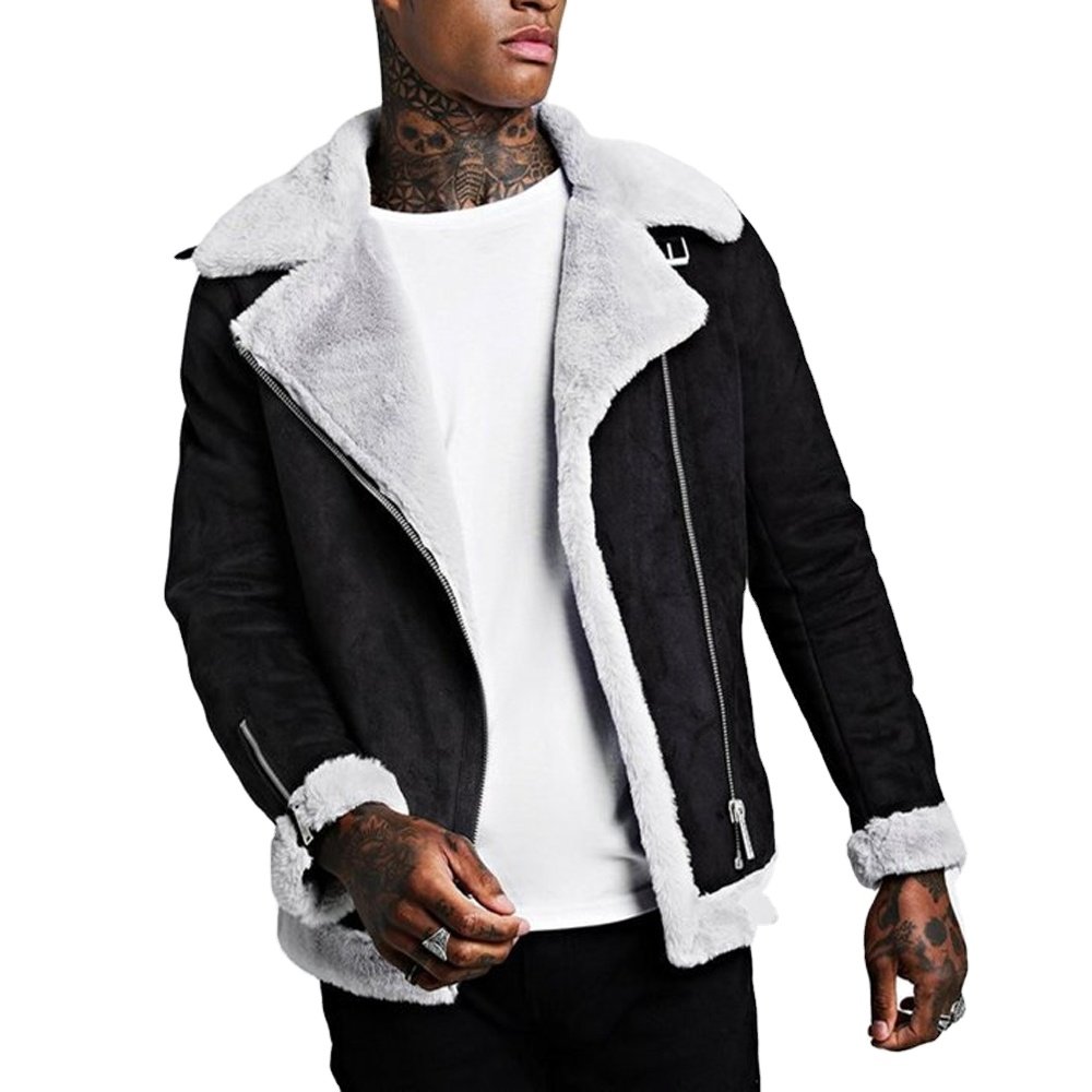 Men's jackets coats winter faux fur lined aviator shearling streetwear motorcycle suede leather jackette for men