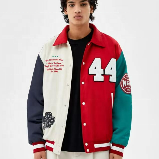 OEM Chenille Embroidery College Baseball Jacket Multi Colored Panel Varsity Jackets Chenille Varsity Jacket