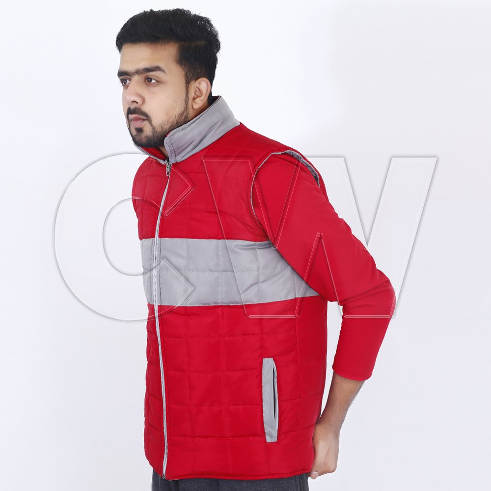 2024 Red and Grey Quilted Zip Up Sleeveless Puffer Jackets For Men With Custom Designs