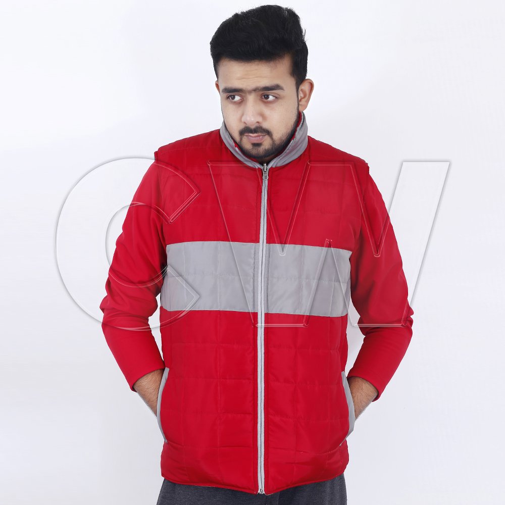 2024 Red and Grey Quilted Zip Up Sleeveless Puffer Jackets For Men With Custom Designs