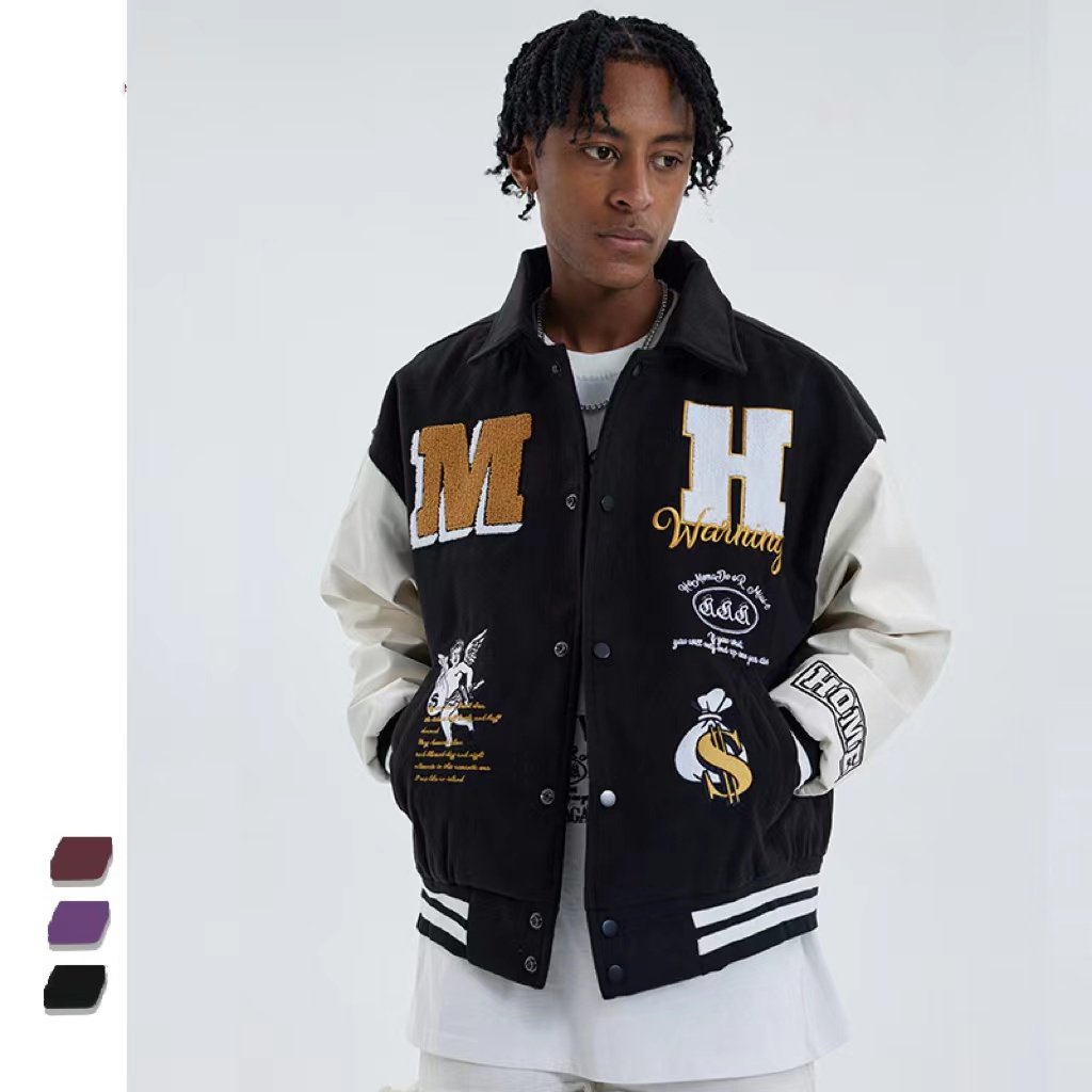 2022 Custom Logo Leather Sleeves High Street Restoring Ancient WaysEmbroidery Couple College Baseball Men's Jacket