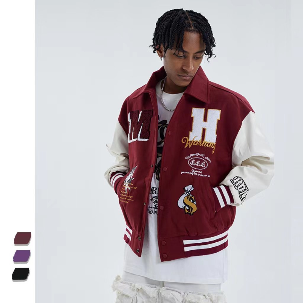 2022 Custom Logo Leather Sleeves High Street Restoring Ancient WaysEmbroidery Couple College Baseball Men's Jacket