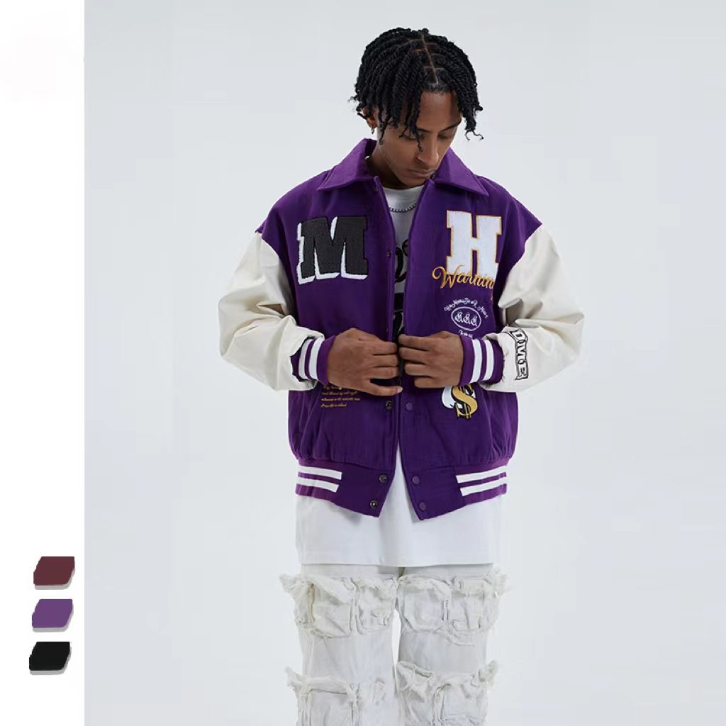 2022 Custom Logo Leather Sleeves High Street Restoring Ancient WaysEmbroidery Couple College Baseball Men's Jacket