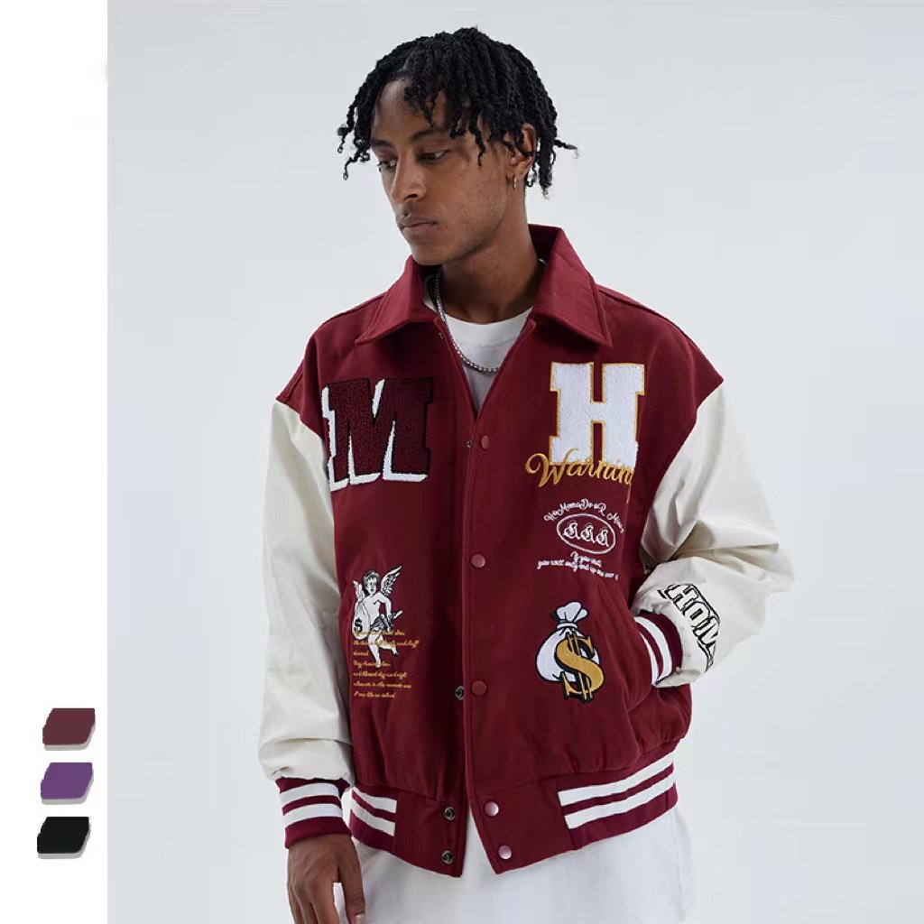 2022 Custom Logo Leather Sleeves High Street Restoring Ancient WaysEmbroidery Couple College Baseball Men's Jacket