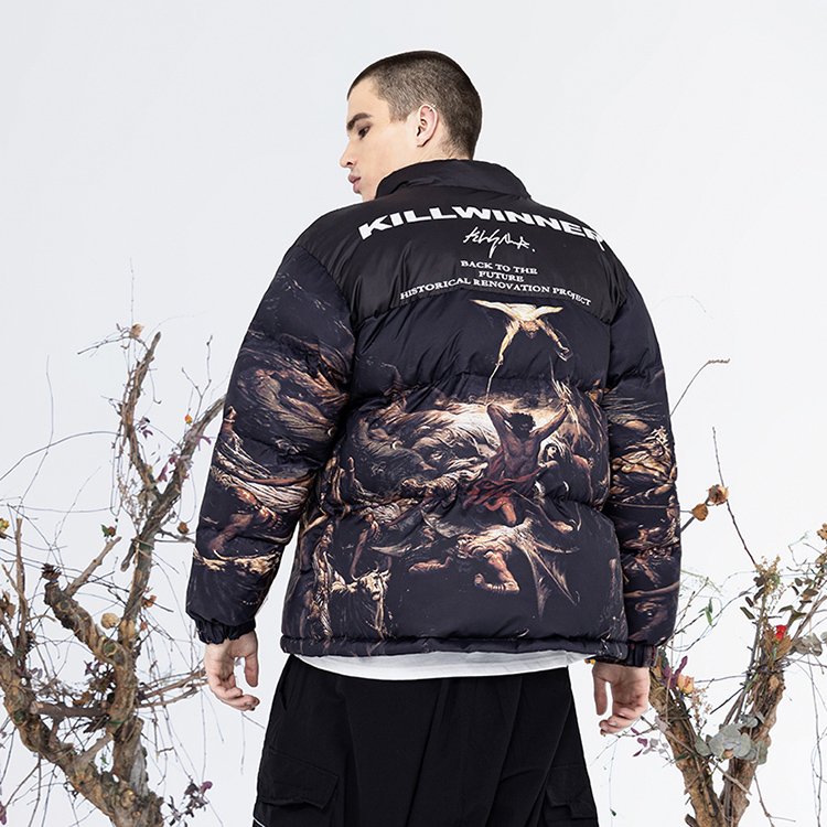 Killwinner high quality streetwear men's winter coat custom print down puffer warm thick padded bubble jacket unisex