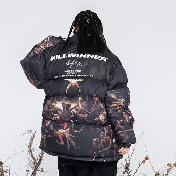 Killwinner high quality streetwear men's winter coat custom print down puffer warm thick padded bubble jacket unisex