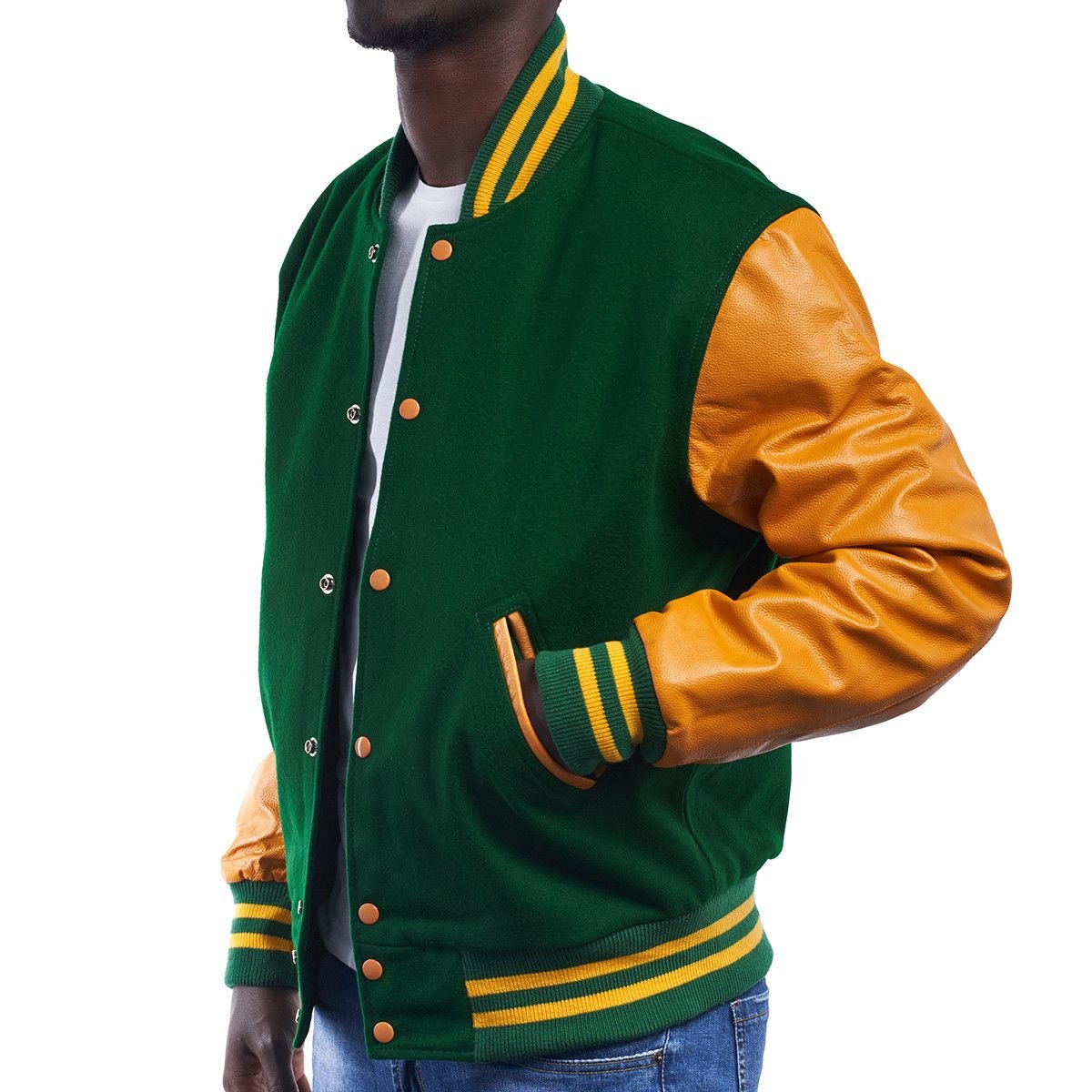 Kelly Green Wool Body & Bright Gold Sleeves Letterman Jacket custom embriodry and chenille work varsity jacket