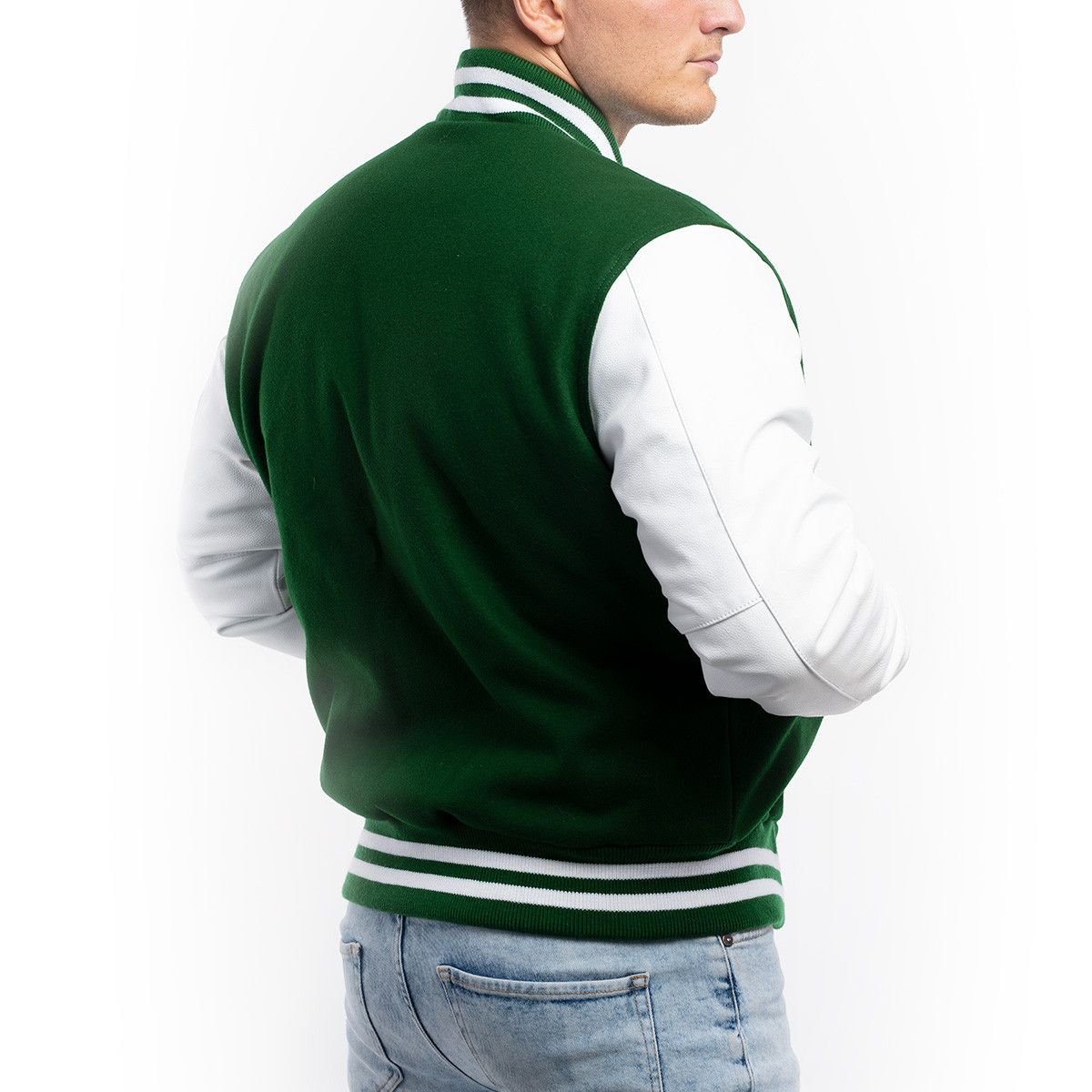 Kelly Green Wool Body & Bright Gold Sleeves Letterman Jacket custom embriodry and chenille work varsity jacket