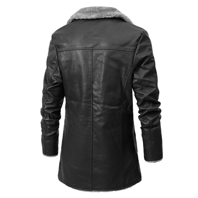 CARANFIER Men's Winter PU Jacket Mid-Length Fur Turn-down Collar Thick Windbreaker Motorcycle Leather Coat FREE LOGO Customized