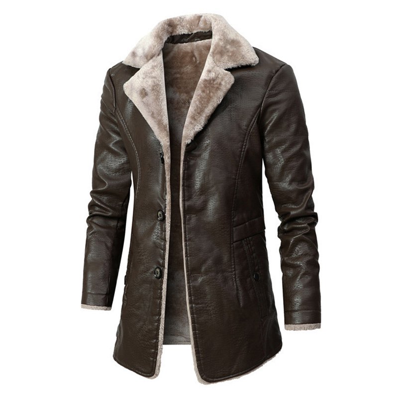 CARANFIER Men's Winter PU Jacket Mid-Length Fur Turn-down Collar Thick Windbreaker Motorcycle Leather Coat FREE LOGO Customized
