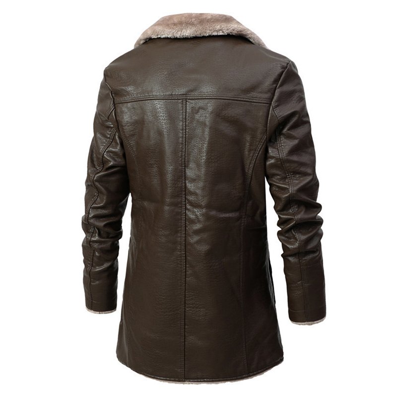 CARANFIER Men's Winter PU Jacket Mid-Length Fur Turn-down Collar Thick Windbreaker Motorcycle Leather Coat FREE LOGO Customized