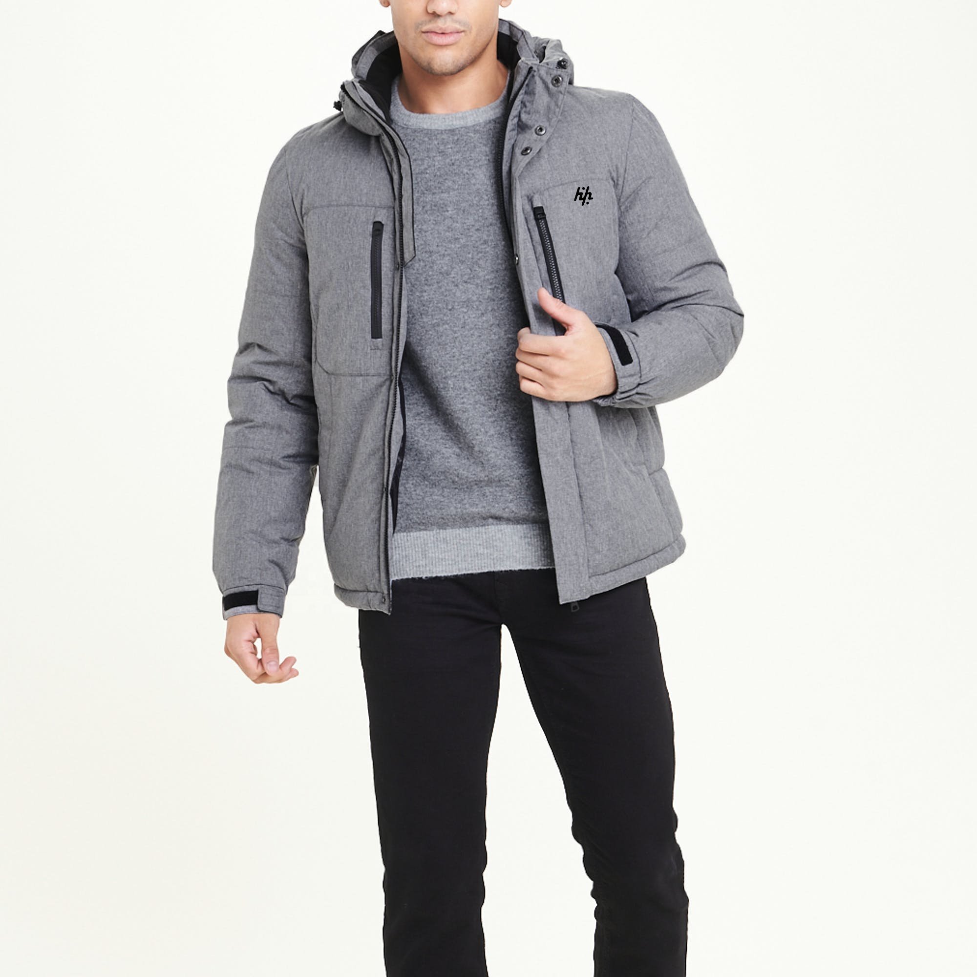 Grey Hooded Puffer Custom OEM Men's New Fashion Jacket Long sleeves Men puffer Jacket ( Manufacture By Huzaifa Products )