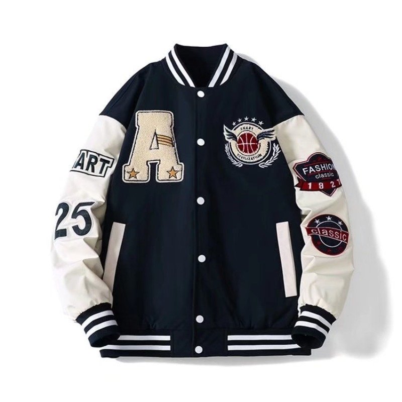 New Wholesale 2024 Men's Winter Embroidered Vintage Stitching PV Leather Sleeves Turndown Collar Jackets For men