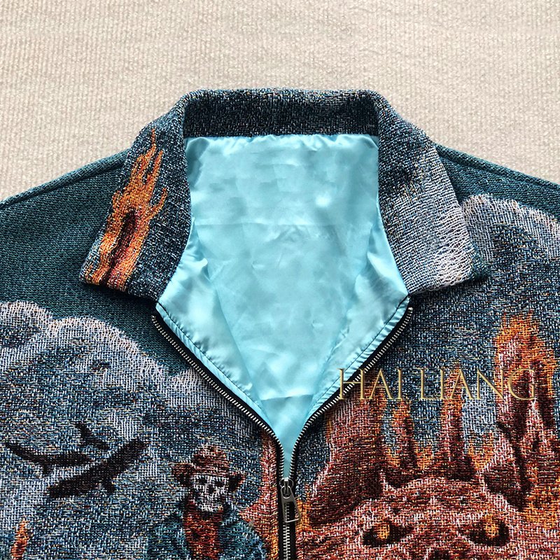Custom Mens Tapestry Jacket Coats Zipper High Street Turn Down Collar Blanket Jacquard Tapestries Jackets For Men