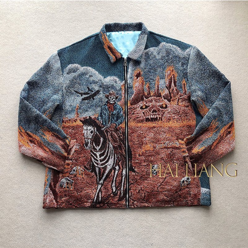 Custom Mens Tapestry Jacket Coats Zipper High Street Turn Down Collar Blanket Jacquard Tapestries Jackets For Men