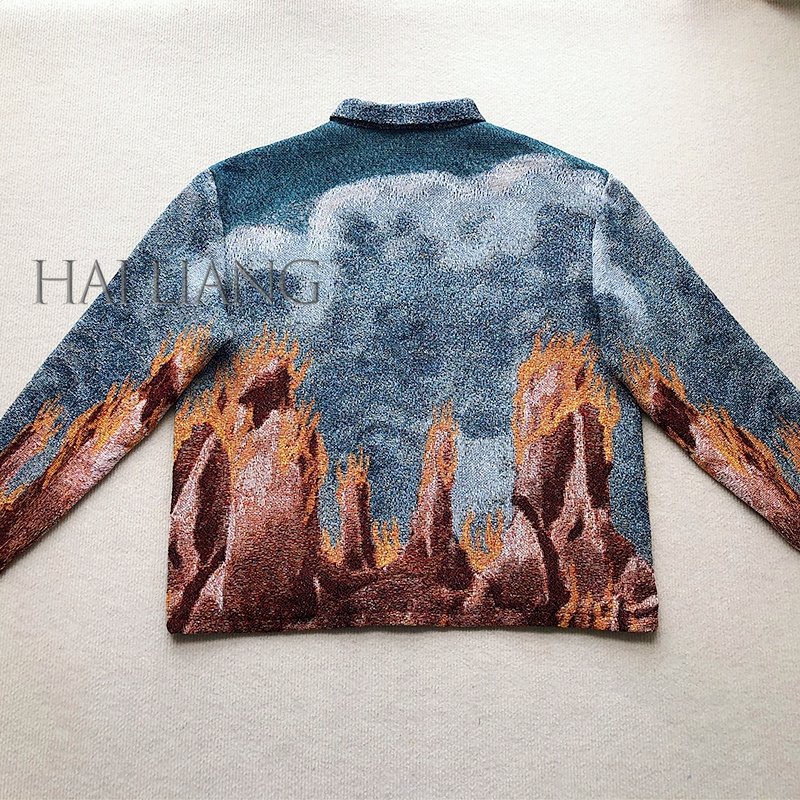 Custom Mens Tapestry Jacket Coats Zipper High Street Turn Down Collar Blanket Jacquard Tapestries Jackets For Men