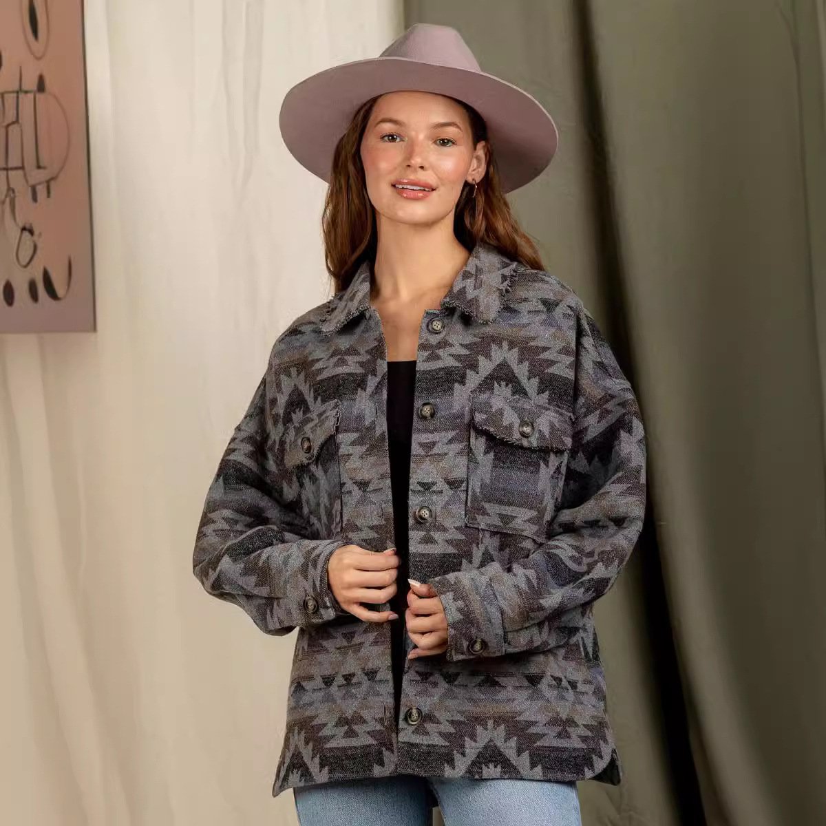 Wholesale 2024 coats custom western tribal print tweed winter outwear raw trim washed corduroy shacket jackets for women