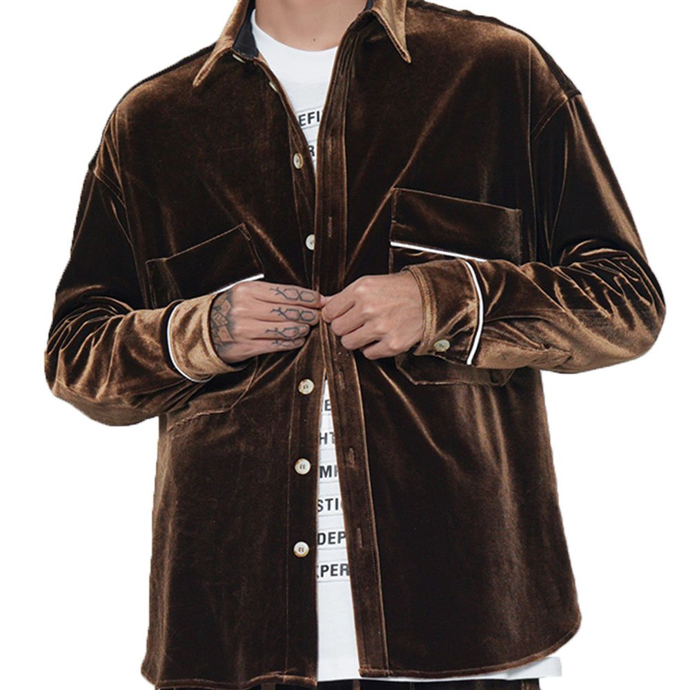 Custom men's velvet casual coat men's letter embroidery breast double pocket coat men's stack velour silk coat