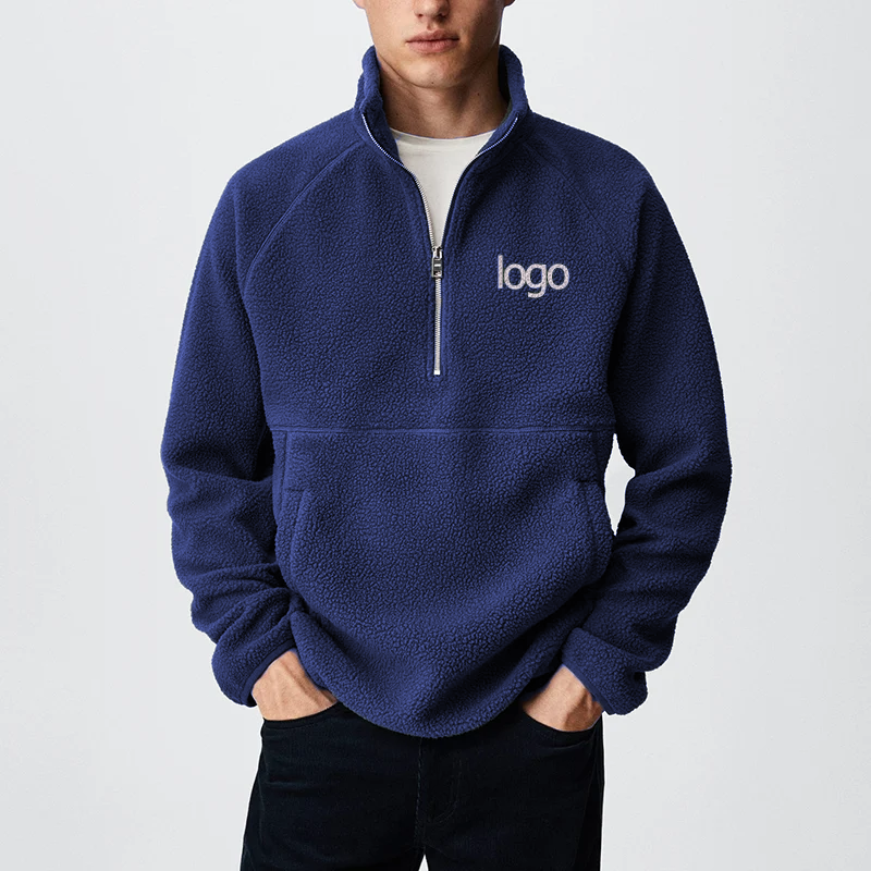 Custom logo embroidered streetwear Men's half Zip loose fit Polar Fleece thermal warm Pullover jacket with pocket