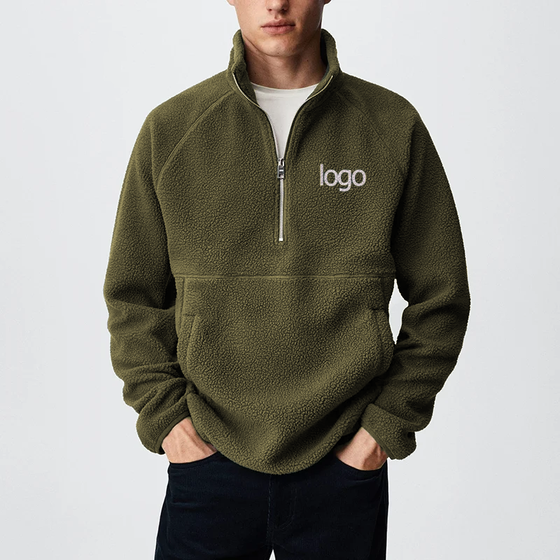 Custom logo embroidered streetwear Men's half Zip loose fit Polar Fleece thermal warm Pullover jacket with pocket