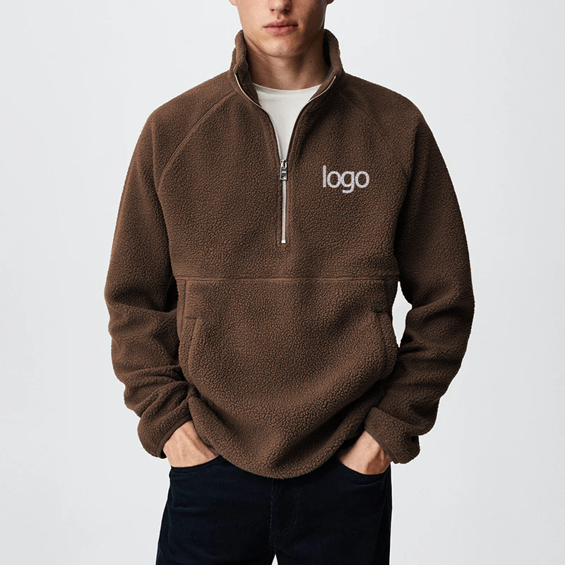 Custom logo embroidered streetwear Men's half Zip loose fit Polar Fleece thermal warm Pullover jacket with pocket