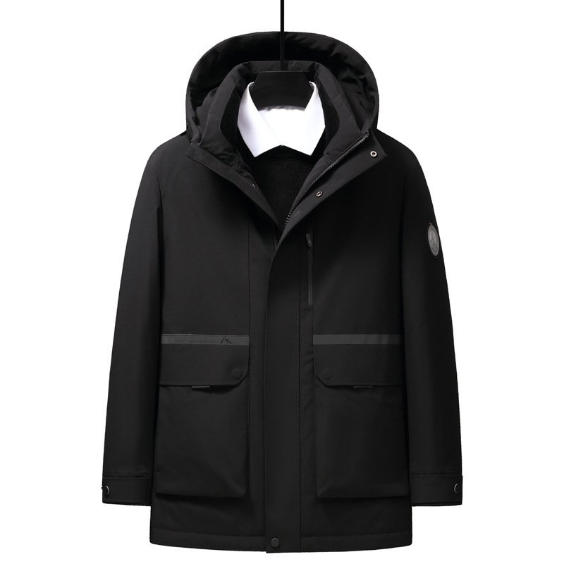 Men's Winter Casual Fashion Jacket New Style Zipper Hood Thickened Cold-Resistant Waterproof Logo Print Decoration Solid Pattern