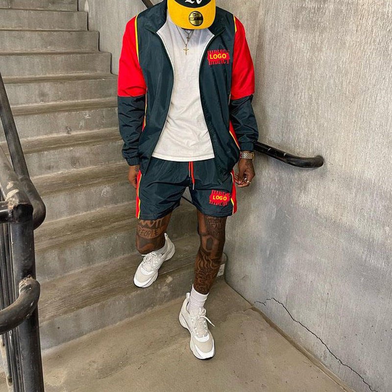 Custom Manufacturer two piece windbreaker short jacket set patchwork zip up nylon streetwear tracksuit men windbreaker short set